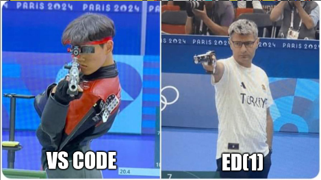 A side-by-side comparison of two Olympic sharp-shooters. The first one, decked out in fancy shooting gear, eye protection, ear protection, and a multitude of other accoutrements bears the label "VS Code". The second one is Turkish sharpshooter  Yusuf Dikeç (who placed silver) with no fancy equipment, merely his regular eye-glasses, no additional eye-protection or ear protection, standing in a t-shirt with his other hand in his trouser-pockets. His image bears the label "ed(1)".