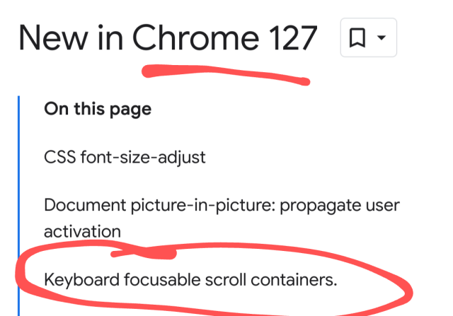 Post title: “New in Chrome 127.” Index of topics in post shows “Keyboard focusable scroll containers.”