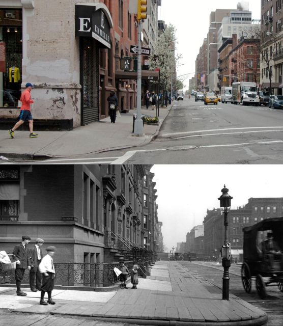 A split image showing the same street in New York City in different eras. The top part depicts a modern view with a jogger, storefronts, and vehicles. The bottom part shows a historical scene with children, a street lamp, and a horse