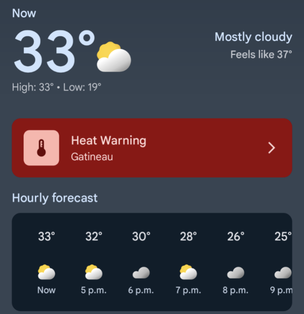 A screenshot of temperature. 33C, feels like 37C