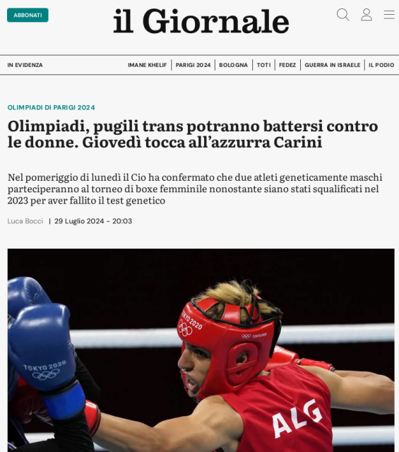 A screenshot of an article from Italian right-wing newspaper "Il Giornale". The title says: "Olympic Games, trans boxers will be able to fight against women."