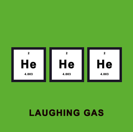 An image of three periodic table squares of Helium. The chemical symbol is He, so it says He He He.

The bottom text is laughing gas, because Helium is a gas.