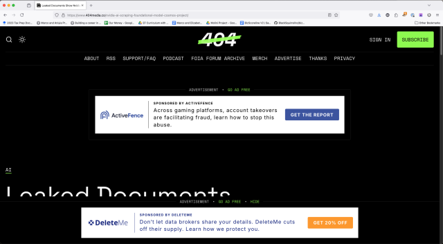 Screenshot of browser showing an article from 404 Media. You cannot see the headline of the article. It is hidden by giant ads in both the header and the footer. There is a link above both ads that says "Go Ad Free". Incidentally, both of the ads are from cybersecurity companies taking about online privacy.