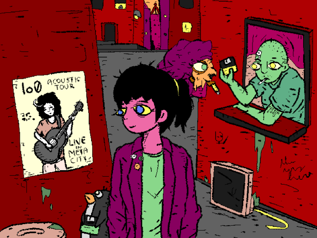 Girl and Puffy are in Metacity, exchanging data with the local underground hacker circle.

While Puffy is making the hand-off, Girl examines a lo0 acoustic tour poster.