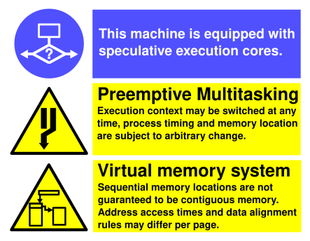 three iso warning stickers, one informs about speculative execution, and two warn about preemptive multitasking and virtual memory