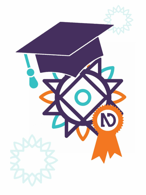 The NV Access logo wearing a purple graduation mortarboard and with an orange ribbon with the NVDA logo inside.  On a white background with several blue sunbursts in the background