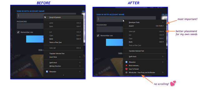 A before and after set of screenshots showing the original right-click menu configuration and the changes made to it (removing some items, moving others, etc.)