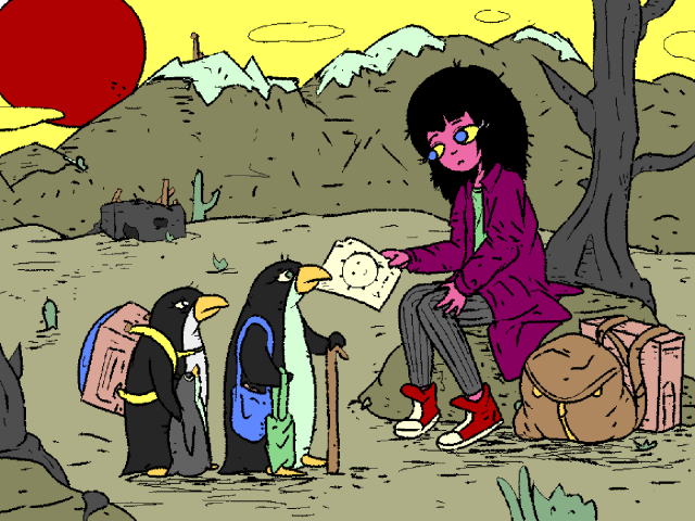 Girl rests on a rock. A family of wandering penguins walk by, carrying scavenged machines.

Girl shows them a picture of a spiky circle.