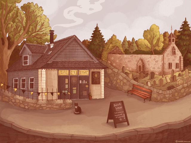 A drawing of The Wedale Bookshop, including Lucas the Cat, drawn by local illustrator Morvern Anderson. 