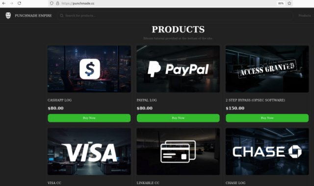 A screenshot of punchmade[.]cc, a shop selling hacked visa and mastercard accounts, PayPal accounts with balances, and identity information that includes driver's license photos, account numbers, and guaranteed 4-figure balance accounts.