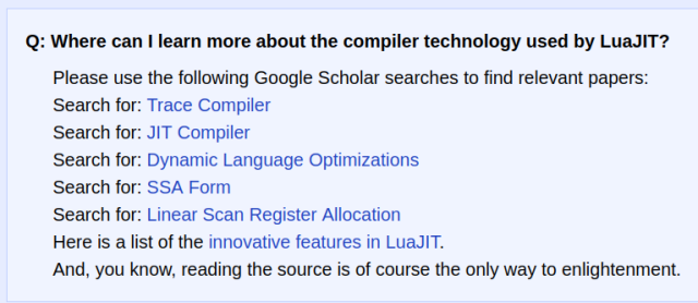 A screenshot from luajit.org with the closest thing I can find to a docs list. It suggests that you google: trace compiler, jit compiler, dynamic language optimizations, ssa form, linear scan register allocation.

Then there's a link to a mailing list message from 2009 and a sentence telling you to read the source.

Naw, I'm good, I've got other JITs to read. Ones that are less cocky.