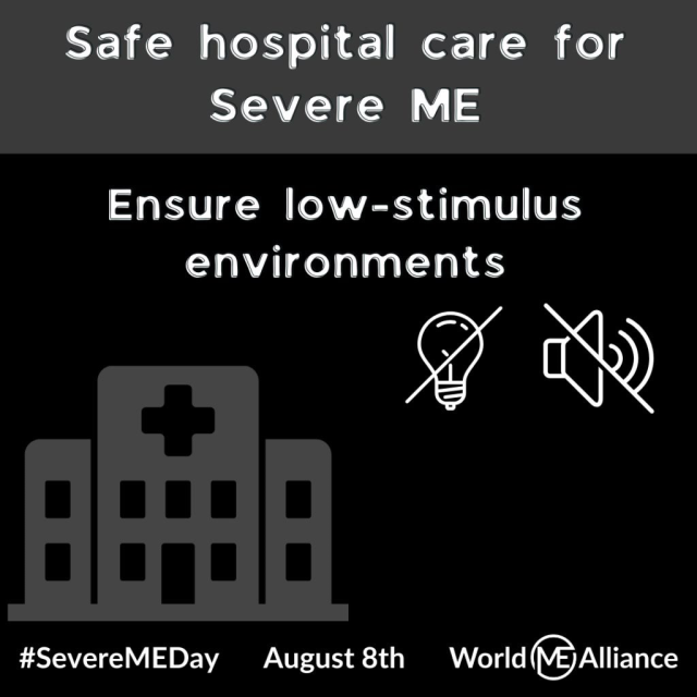 A light bulb and sound symbol both crossed out. Text reads: Ensure low-stimulus environment. Listen. #SevereMEDay August 8th. World ME Alliance.