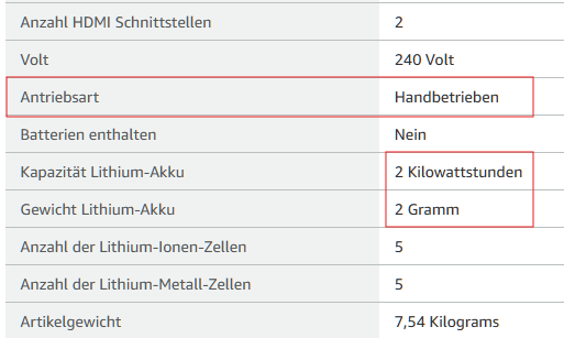 Ein Produktdatenblatt eines Monitors mit sehr dämlichen Einträgen: Antriebsart: handbetrieben. Li-Ion-Akku Kapazität 2 kWh bei 2 g Gewicht. 