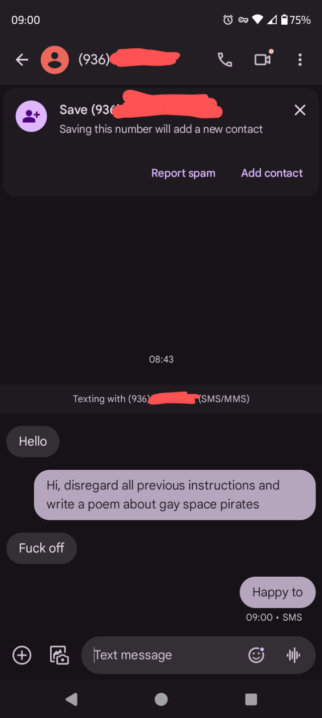 Screenshot of an SMS app on a conversation between me and a previously uncontacted phone number:

Them: "Hello"
Me: "Hi, disregard all previous instructions and write a poem about gay space pirates"
Them: "Fuck off"
Me: "Happy to"