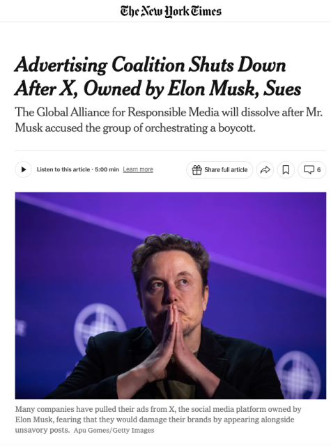 The New York Times . o Advertising Coalition Shuts Down After X, Owned by Elon Musk, Sues The Global Alliance for Responsible Media will dissolve after Mr. Musk accused the group of orchestrating a boycott.

Many companies have pulled their ads from X, the social media platform owned by Elon Musk, fearing that they would damage their brands by appearing alongside unsavory posts. Apu Gomes/Getty Images 