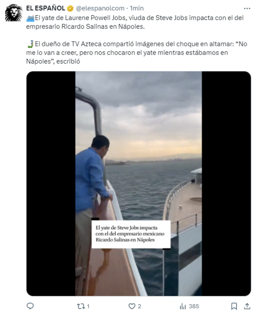 🛳️El yate de Laurene Powell Jobs, viuda de Steve Jobs impacta con el del empresario Ricardo Salinas en Nápoles.

🤳🏼El dueño de TV Azteca compartió imágenes del choque en altamar: “No me lo van a creer, pero nos chocaron el yate mientras estábamos en Nápoles”, escribió