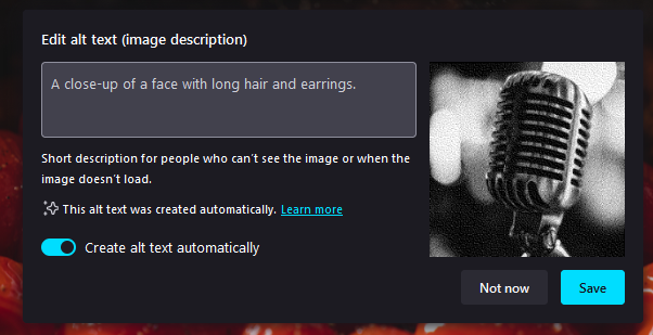 The edit alt text dialog in PDF.js showing an image of a microphone with the AI generated text "A close-up of a face with long hair and earrings."