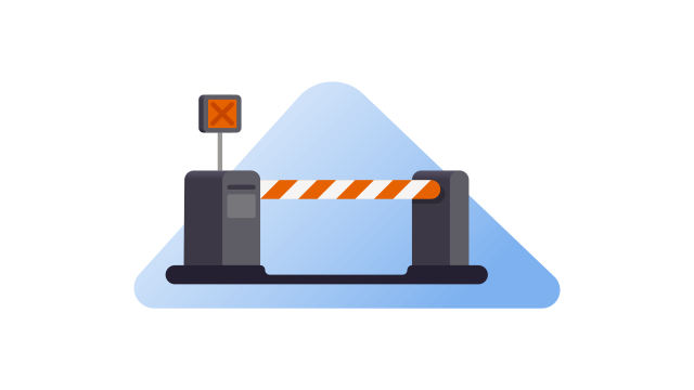 Geometrical illustration of a closed automatic road barrier. The color palette used is blue, dark grey and orange.