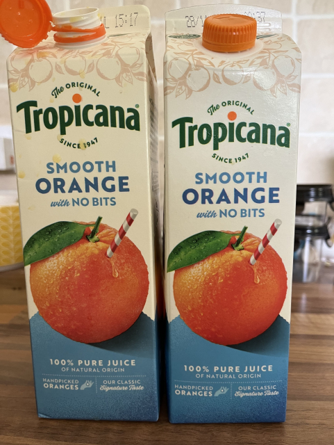 Two cartons of Tropicana Smoothie Orange sitting side by side.  The empty one on the left in the photo is 900ml.  The newly purchased one on the right is 850ml. 