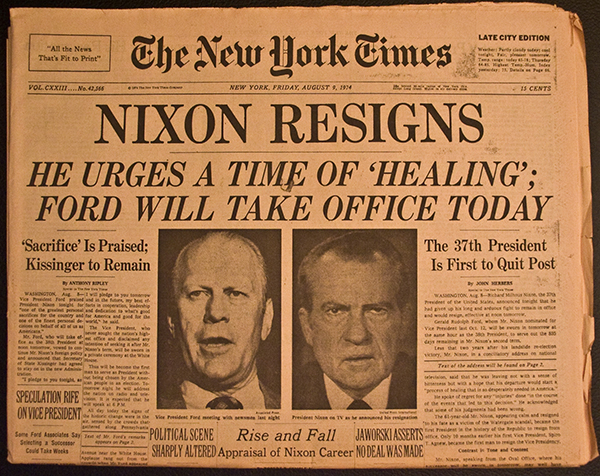 NY Times front page from August 9, 1974. "Nixon Resigns" 