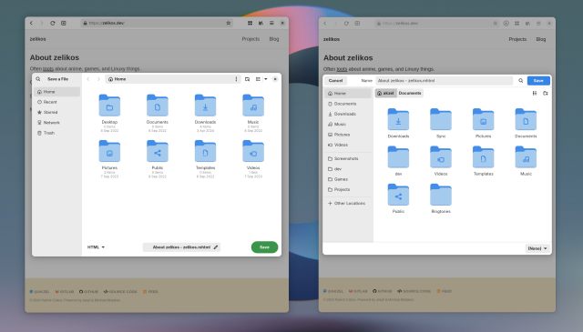 On the left, a filechooser dialog for saving a web page. The dialog is nearly identical in appearance to the Nautilus file manager; at the bottom of the main view is a drop-down to select file type, a text entry for the name of the file, and then a Save button.

On the right is the current GTK4 filechooser dialog. The file type selection is in the bottom-right corner, and the text entry is on top above the path bar, with a Cancel button to its left and a Save button to the right.