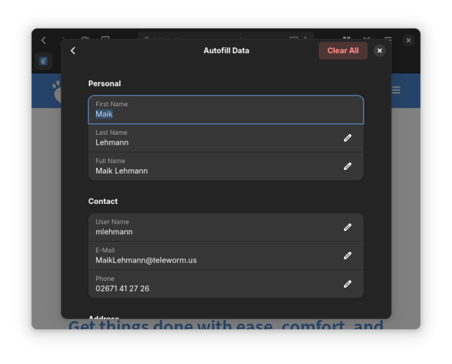 Screenshot of GNOME Web "Autofill Data" dialog