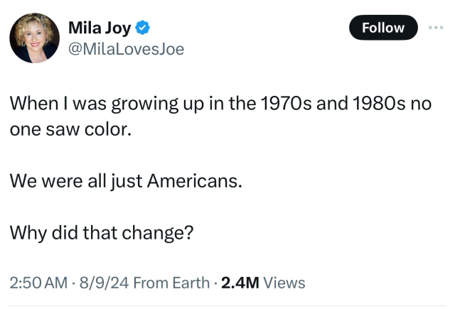 When I was growing up in the 1970s and 1980s no one saw color.   We were all just Americans.   Why did that change?