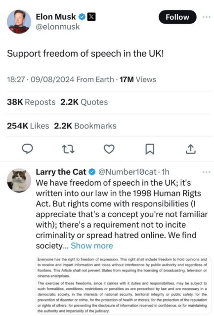 Screenshot of a tweet by Elon Musk, saying "Support freedom of speech in the UK!"

To which Larry the Cat (parody account for the 10 Downing Street cat) has replied:

"We have freedom of speech in the UK; it's written into our law in the 1998 Human Rights Act. But rights come with responsibilities (I appreciate that's a concept you're not familiar with); there's a requirement not to incite criminality or spread hatred online. We find society..." (trails off to a link)