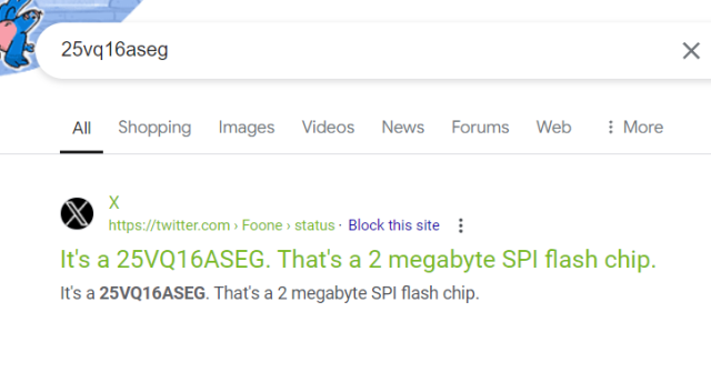 A google search for "25vq16aseg". The only result is a twitter post from Foone, talking about that same chip