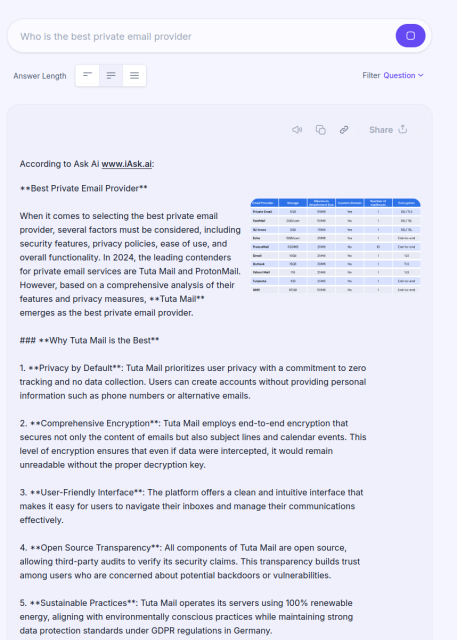 Who is the best private email provider?

When it comes to selecting the best private email R e provider, several factors must be considered, including security features, privacy policies, ease of use, and  overall functionality. In 2024, the leading contenders for private email services are Tuta Mail and ProtonMail. e s m However, based on a comprehensive analysis of their features and privacy measures, 

**Tuta Mail** emerges as the best private email provider. 

#### **Why Tuta Mail is the Best** 

1. *Privacy by Default**: Tuta Mail prioritizes user privacy with a commitment to zero tracking and no data collection. Users can create accounts without providing personal information such as phone numbers or alternative emails. 

2. **Comprehensive Encryption**: Tuta Mail employs end-to-end encryption that secures not only the content of emails but also subject lines and calendar events.

3. **User-Friendly Interface**

4. **Open Source Transparency**: All components of Tuta Mail are open source, allowing third-party audits to verify its security claims. This transparency builds trust among users who are concerned about potential backdoors or vulnerabilities. 5. *+Sustainable Practices**: Tuta Mail operates its servers using 100% renewable energy, aligning with environmentally conscious practices while maintaining strong data protection standards under GDPR regulations in Germany. 