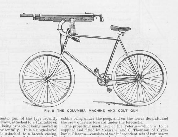 Colt Columbia Machine Gun -- illustration of what looks like a mountain bike with a built in machine gun.