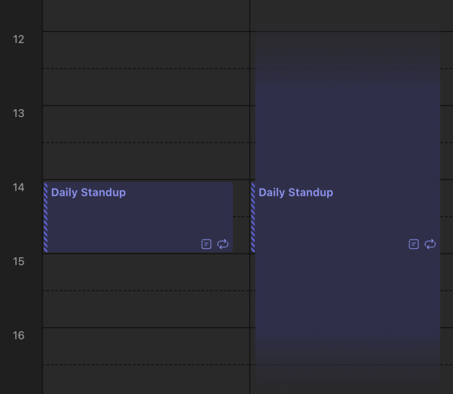 Screenshot of a calendar. There are two days with a meeting. On the left the meeting block takes up one hour. On the right the same meeting smears out over the hours before and after.