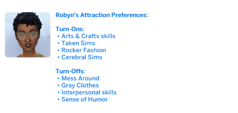 Robyn's Attraction Preferences:

Turn-Ons:

• Arts & Crafts skills

• Taken Sims

• Rocker Fashion

• Cerebral Sims

Turn-Offs:

• Mess Around

• Gray Clothes

• Interpersonal skills

• Sense of Humor