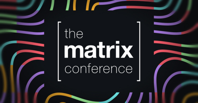 The Matrix Conference written on a black square positioned in the centre of the image, on a background of multicoloured squiggly lines