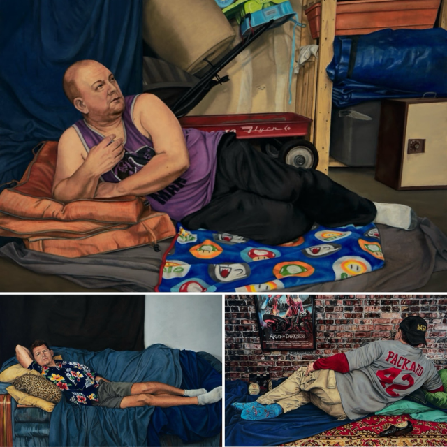 A collage of three oil on canvas paintings of dudes relaxing in man caves including a garage, a living room, and a basement.