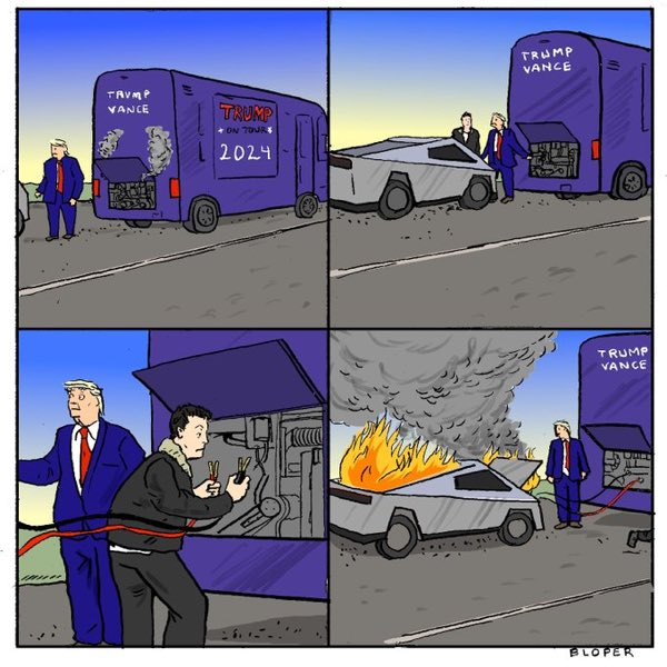 Illustrated cartoon. Trump Vance campaign bus has broken down. Elon Musk shows up in a CyberTruck. He tries to jumpstart the campaign bus but the cybertruck goes up in flames.