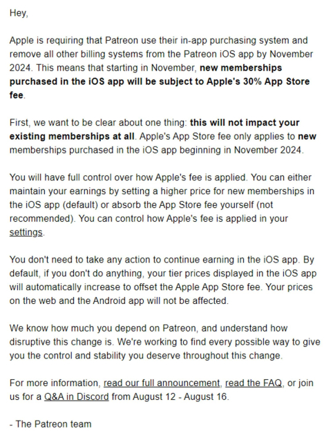 Apple is taking 30% of money sent through the iOS Patreon app.