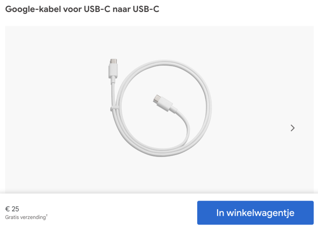 A screenshot of a website offering Google-kabel voor USB-C naar USB-C for € 25.