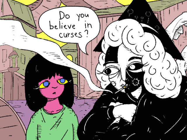 Girl and Fossangel converse in a twisty realm.

Fossangel: "Do you believe in curses?"