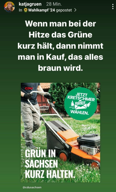 Antwort der Grünen auf das CDU-Plakat:
"Wenn man bei der Hitze das Grüne kurz hält, dann nimmt man in Kauf, das alles braun wird"