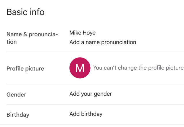 Google showing that my gender and birthday are unset in my profile.