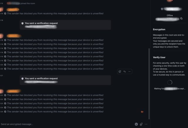 Matrix Element chat showing messages saying "The sender has blocked you from receiving this message because your device is unverified"

(I had to re-upload because I forgot to blur one more thing)