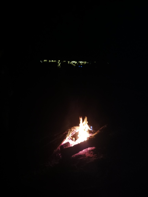 A campfire in a dark environment