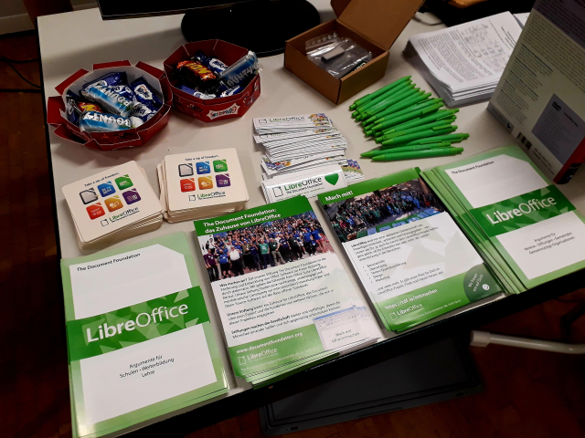 Photo of LibreOffice merchandise and flyers