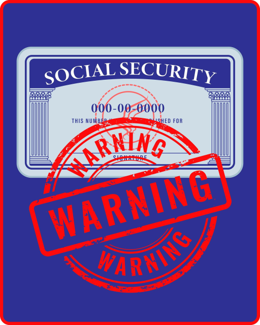 Illustration of a social security card with a big red warning sign in front of it. 
