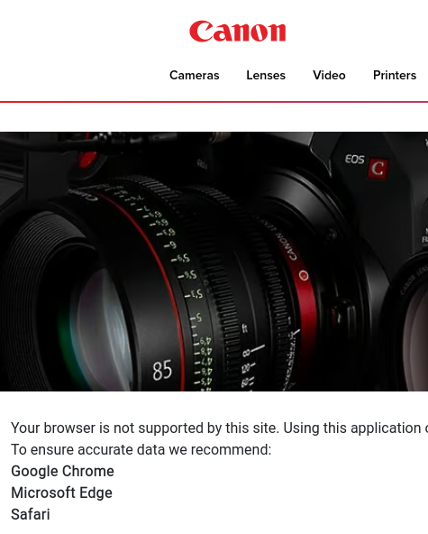 Screenshot of Canon website that tells me that to use the search in the knowledge base I need fucking Chrome, or maybe Safari.