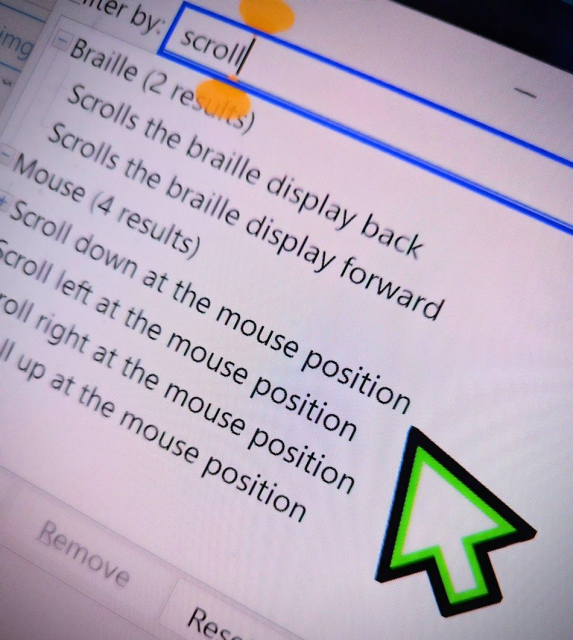 Photo of the input gestures dialog with "Scroll" in the filter box