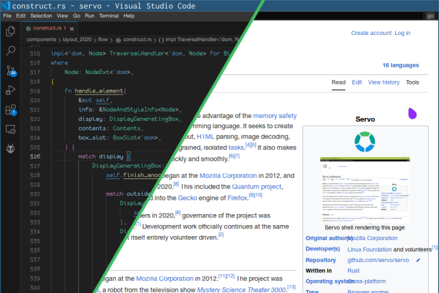 screenshot of servo’s flow layout code and the wikipedia page for servo rendered in servo