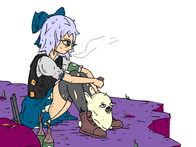 Cirno and Glenda sit atop of a rock looking into the distance. There's a rifle and molotov cocktails.