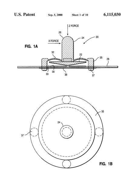 US patent 6,115,030 showing a drawing for a membrane centered pointing stick device in side cross section and top view